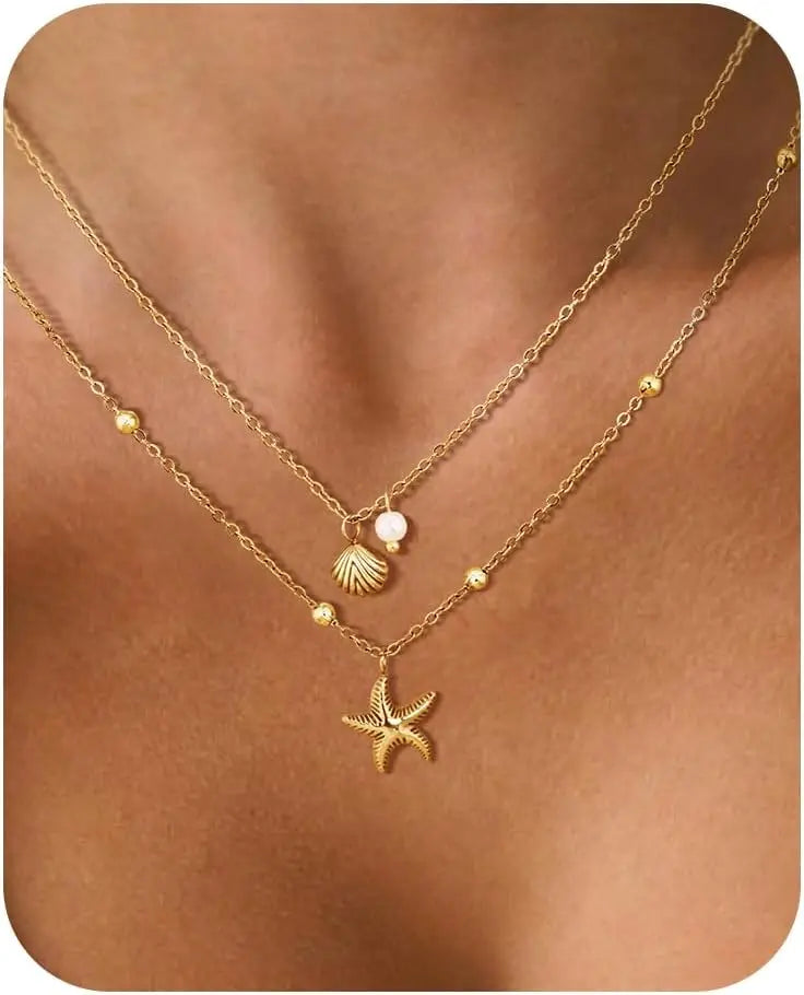 Coastal Charm Necklace – 14K Gold Plated Layers with Starfish, Conch & Pearl Accents