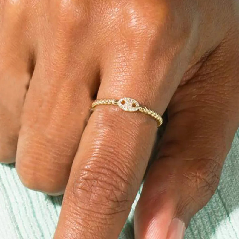 Iced Out Cuban Chain Link Ring – Stacking Gold Color Zircon Ring