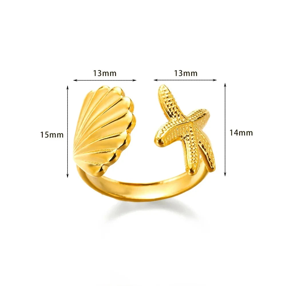 Stella Nova Rings – Adjustable Gold-Tone Stainless Steel with Star & Shell