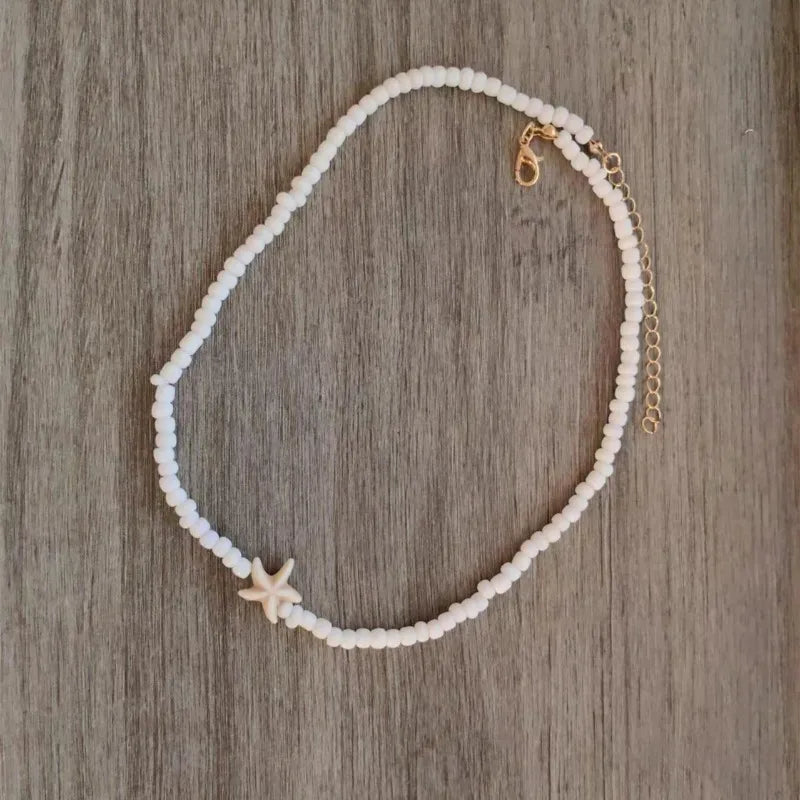Tidepool Starfish & Turtle Beaded Choker – Adjustable Surf Necklace, Ocean-Inspired Design