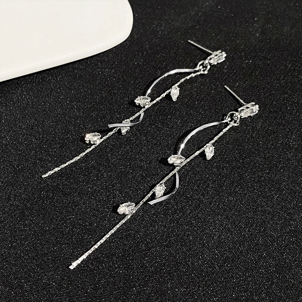 Korean Luxury Tassel Earrings – Twisted Zircon Dangle Design in Gold-Tone Finish