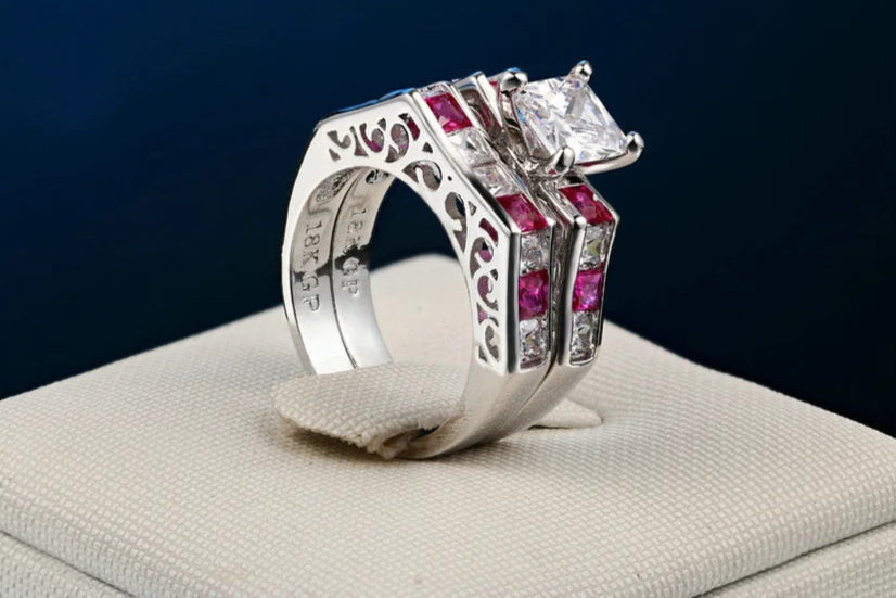 Luxury Square Pink CZ Ring Set – 2-Piece Silver-Tone Cocktail Rings