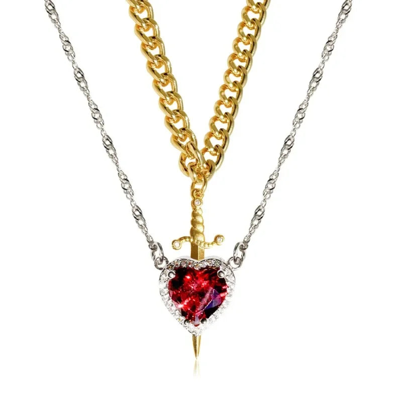 Heart & Sword Couple Necklace Set – 18K Gold Plated Stainless Steel Jewelry with Zircon Crystals