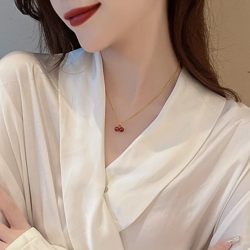 Golden Rouge Cherry Pendant Necklace in Stainless Steel