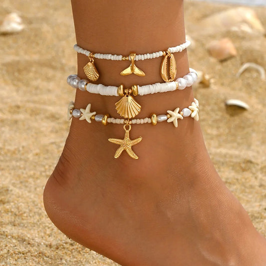 Shell Bead Anklet Set – Adjustable Waterproof Hawaiian Style