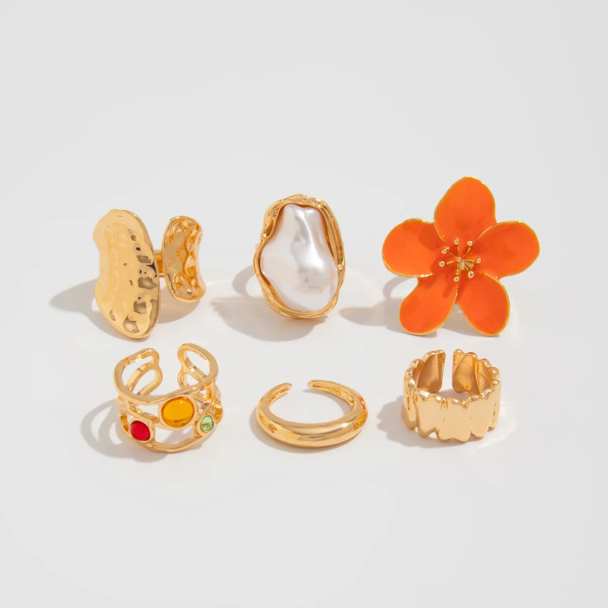 Vintage Baroque Pearl & Flower Ring Set – Gold & Silver Geometric Knuckle and Joint Rings