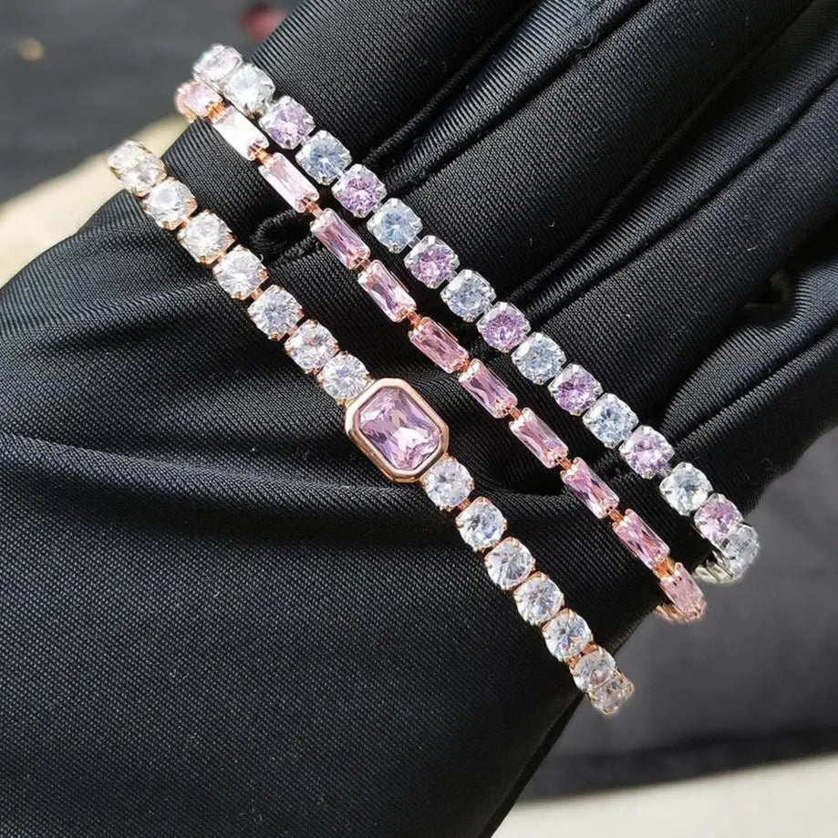 Platinum Pink Crystal Tennis Bracelet – Adjustable Zirconia Chain