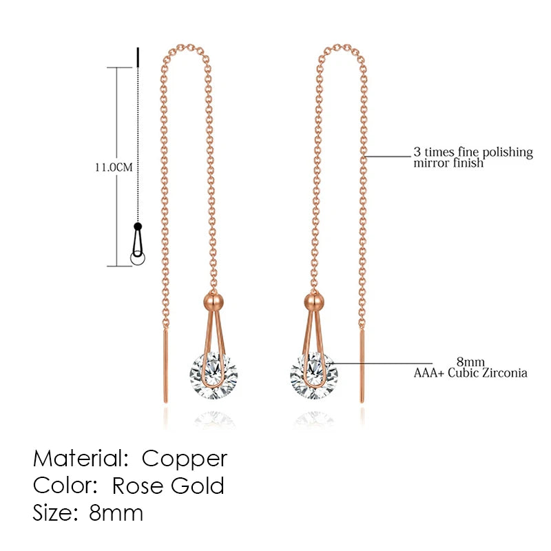 Sparkling Rose Gold Ear Threaders – Elegant Long Dangle Crystal