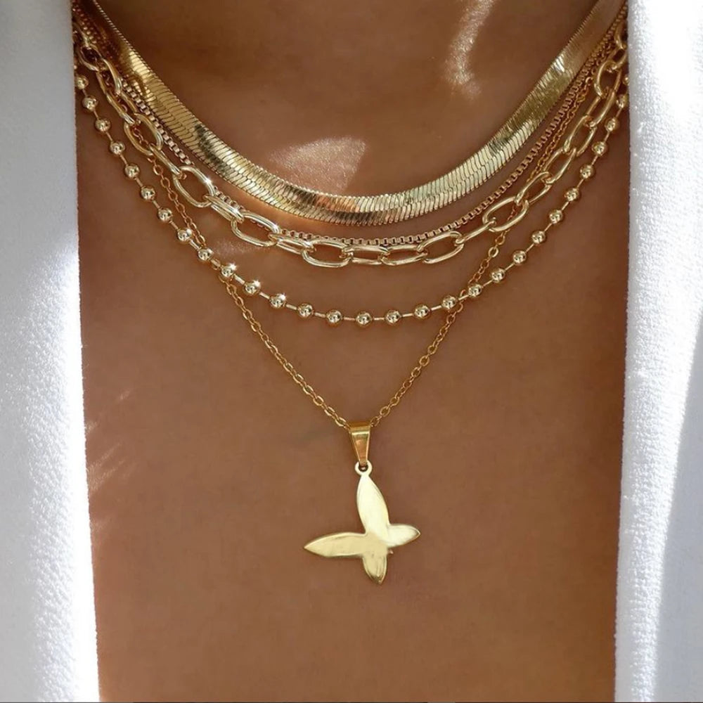 Vintage Gold Stacking Necklace – Multi-Layer Crystal Pendants