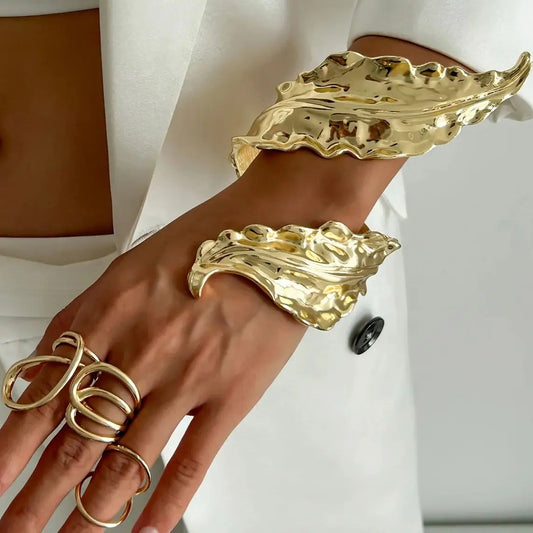 Golden Leaf Statement Wide Bangle Bracelet – Sculptural Geometric Cuff