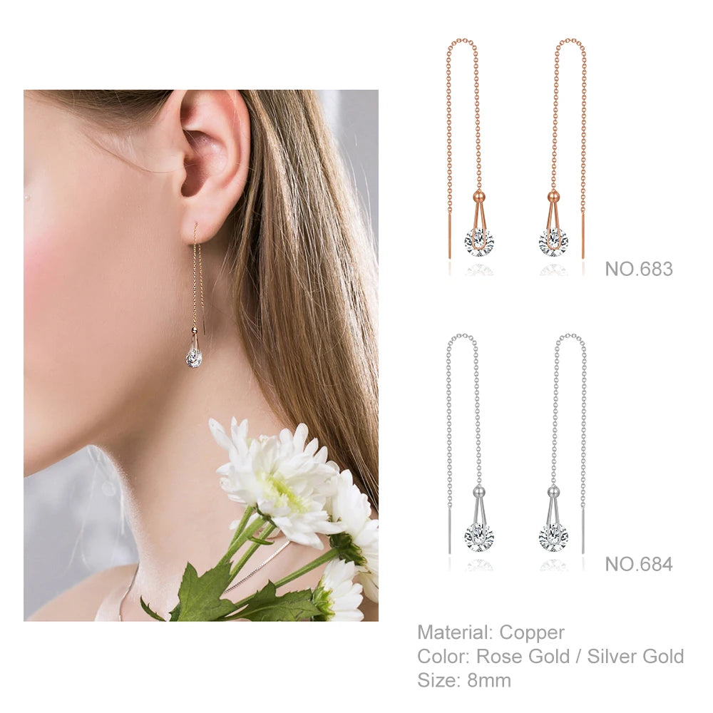 Sparkling Rose Gold Ear Threaders – Elegant Long Dangle Crystal