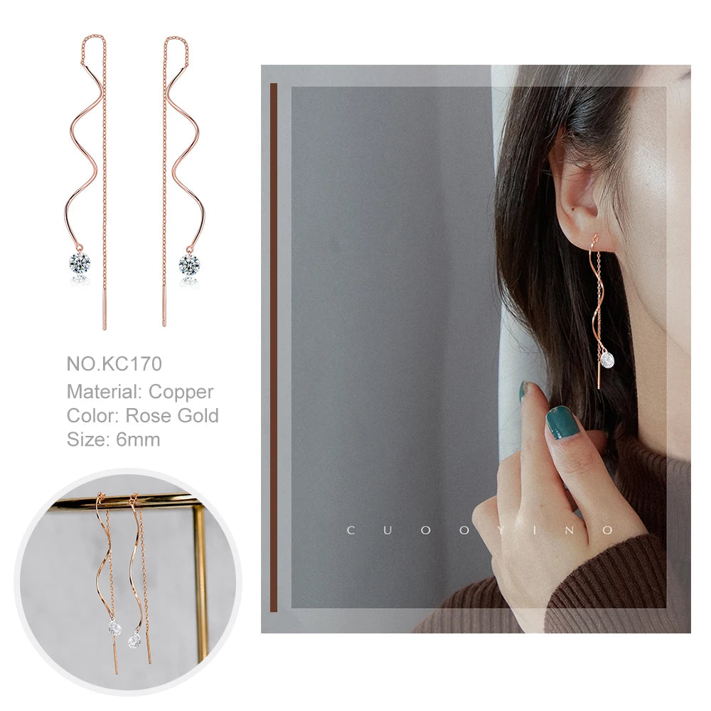 Sparkling Rose Gold Ear Threaders – Elegant Long Dangle Crystal