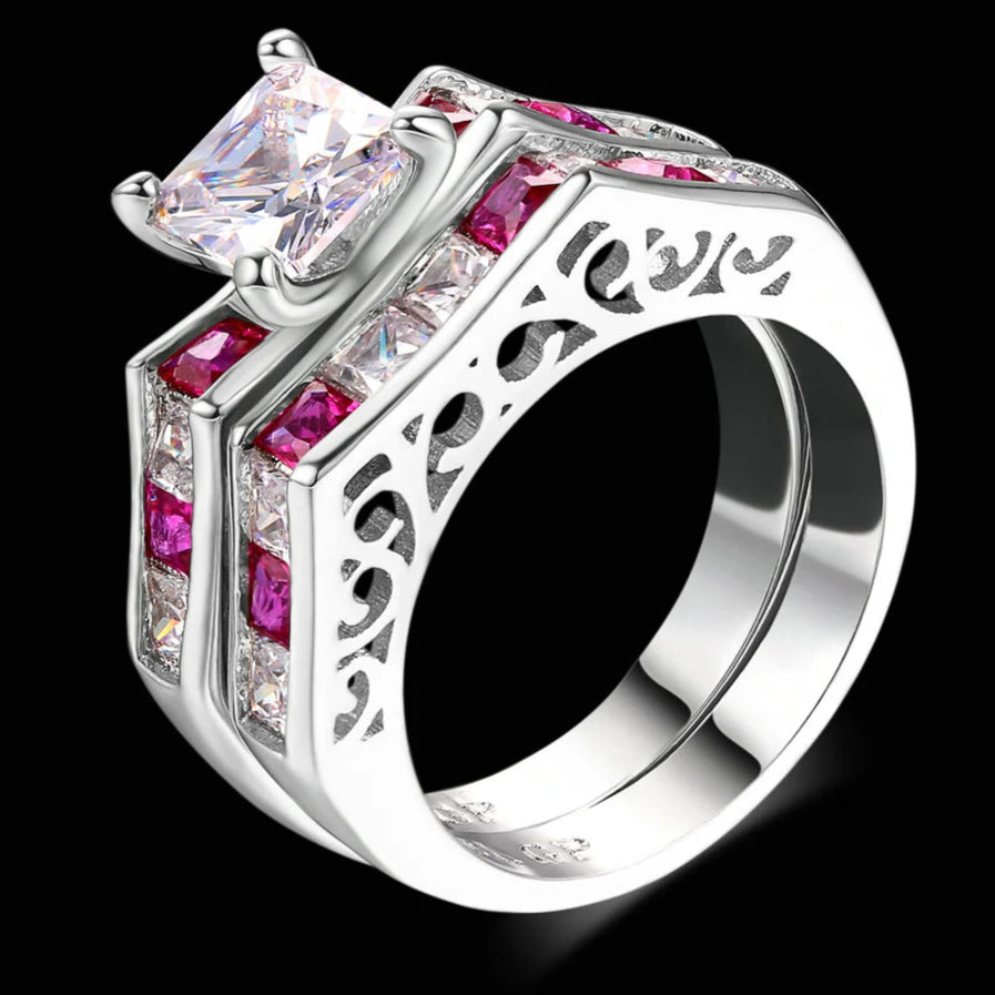Luxury Square Pink CZ Ring Set – 2-Piece Silver-Tone Cocktail Rings