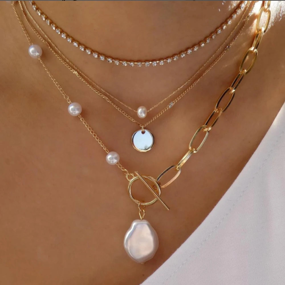 Vintage Gold Stacking Necklace – Multi-Layer Crystal Pendants