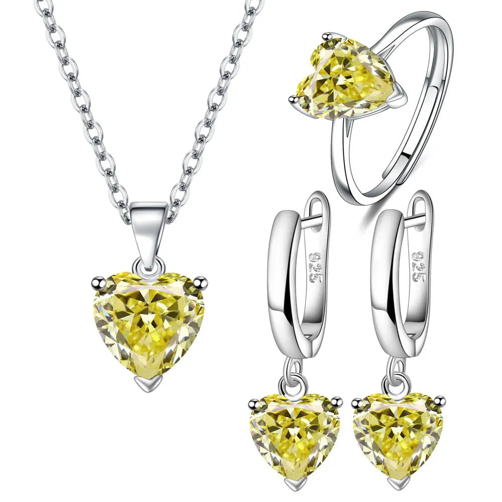 Elegant Heart Zircon Jewelry Set – Sterling Silver Ring, Necklace & Earrings